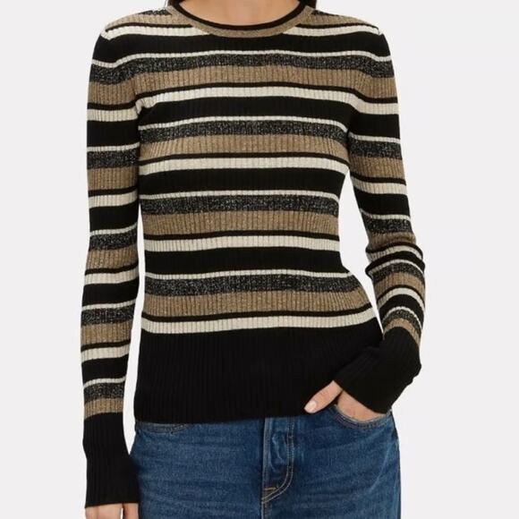 Frame Sweaters - FRAME Panel Stripe Metallic Rib Knit Sweater Black Tan Medium
